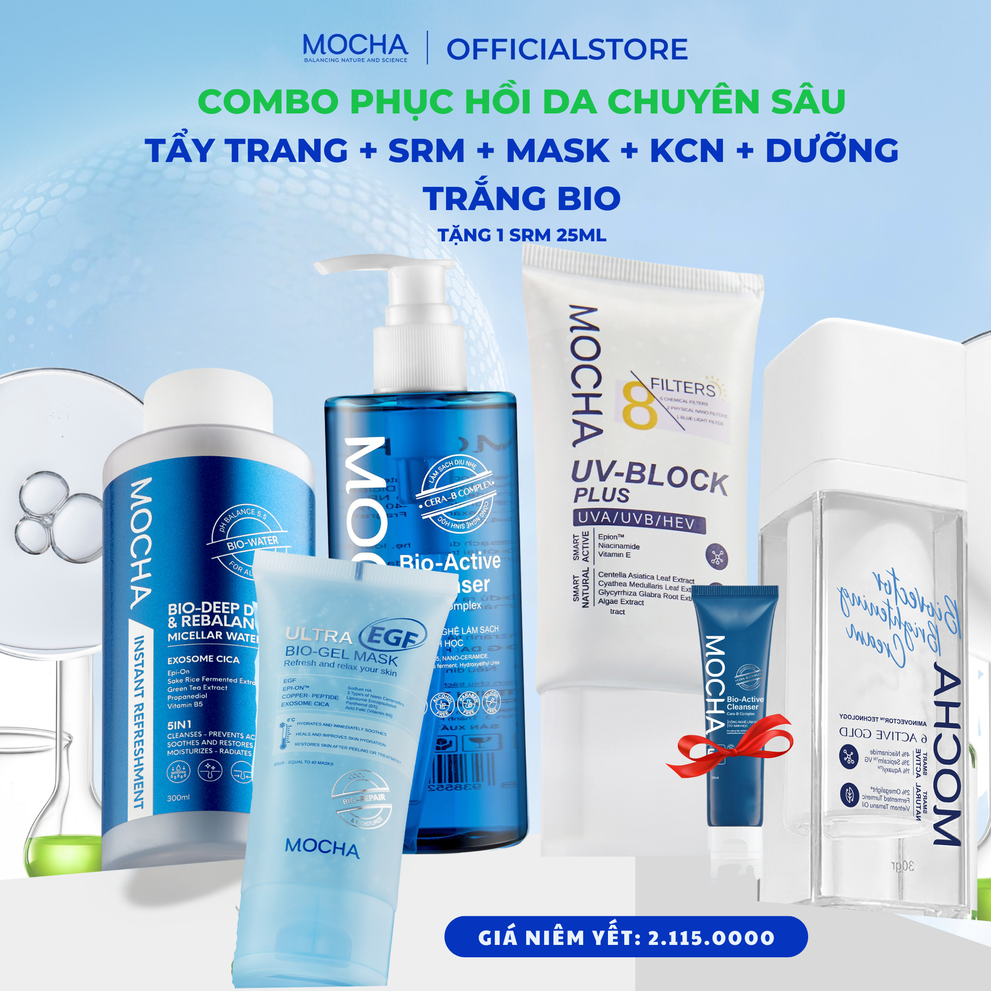  Mocha - Combo Sản Phẩm Phục Hồi Da Chuyên Sâu Mocha - TT/SRM/KCN/Mask/Kem dưỡng 