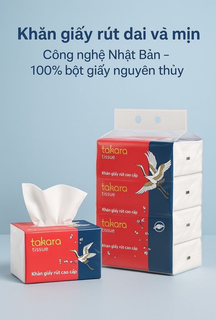 Giấy ăn dạng rút Eco Takara từ bột gỗ nguyên sinh, 4 lớp dai và mịn, sản xuất theo công nghệ Nhật Bản