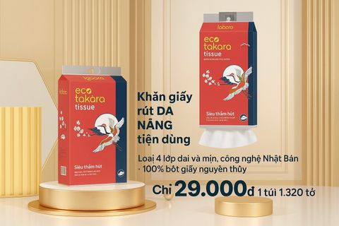 Giấy ăn dạng rút Eco Takara từ bột gỗ nguyên sinh, 4 lớp dai và mịn, sản xuất theo công nghệ Nhật Bản