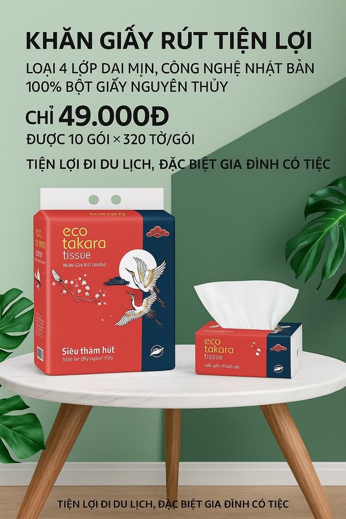 Giấy ăn dạng rút Eco Takara từ bột gỗ nguyên sinh, 4 lớp dai và mịn, sản xuất theo công nghệ Nhật Bản