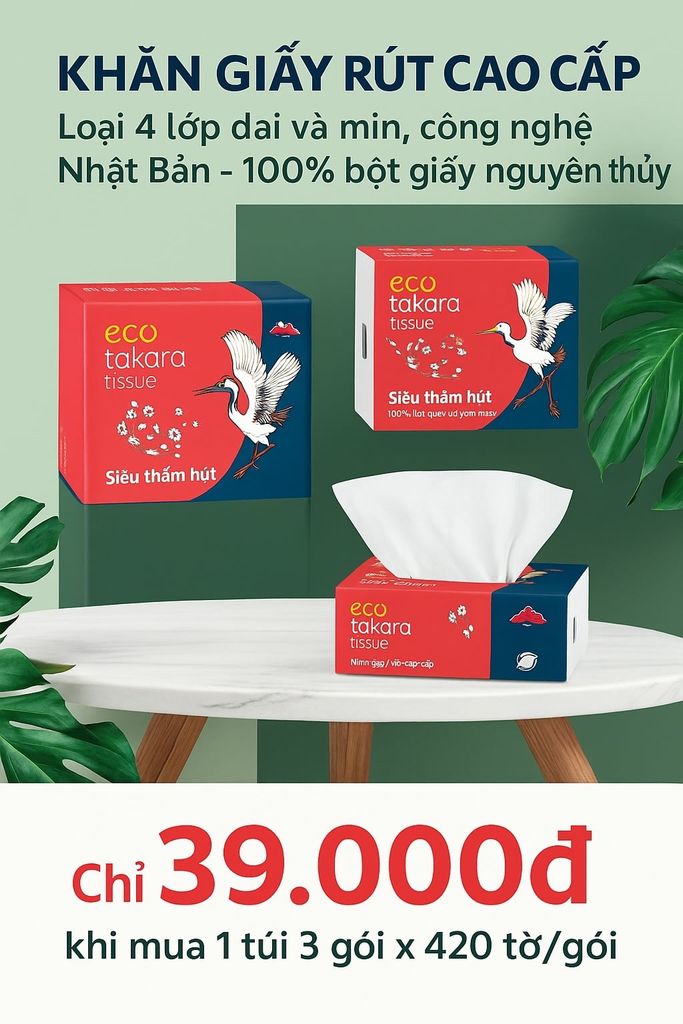 Giấy ăn dạng rút Eco Takara từ bột gỗ nguyên sinh, 4 lớp dai và mịn, sản xuất theo công nghệ Nhật Bản