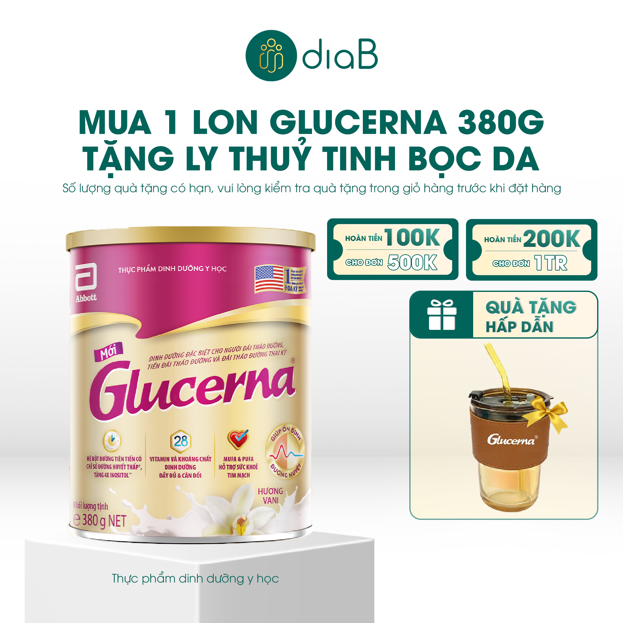  [Tặng ly bọc da] Glucerna dạng bột hương vani 380g 