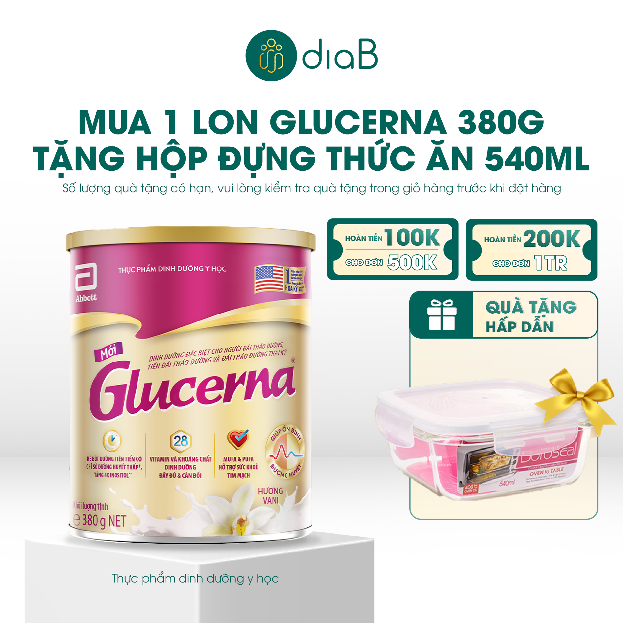  [Tặng hộp đựng thức ăn 540ml] Glucerna dạng bột hương vani 380g 