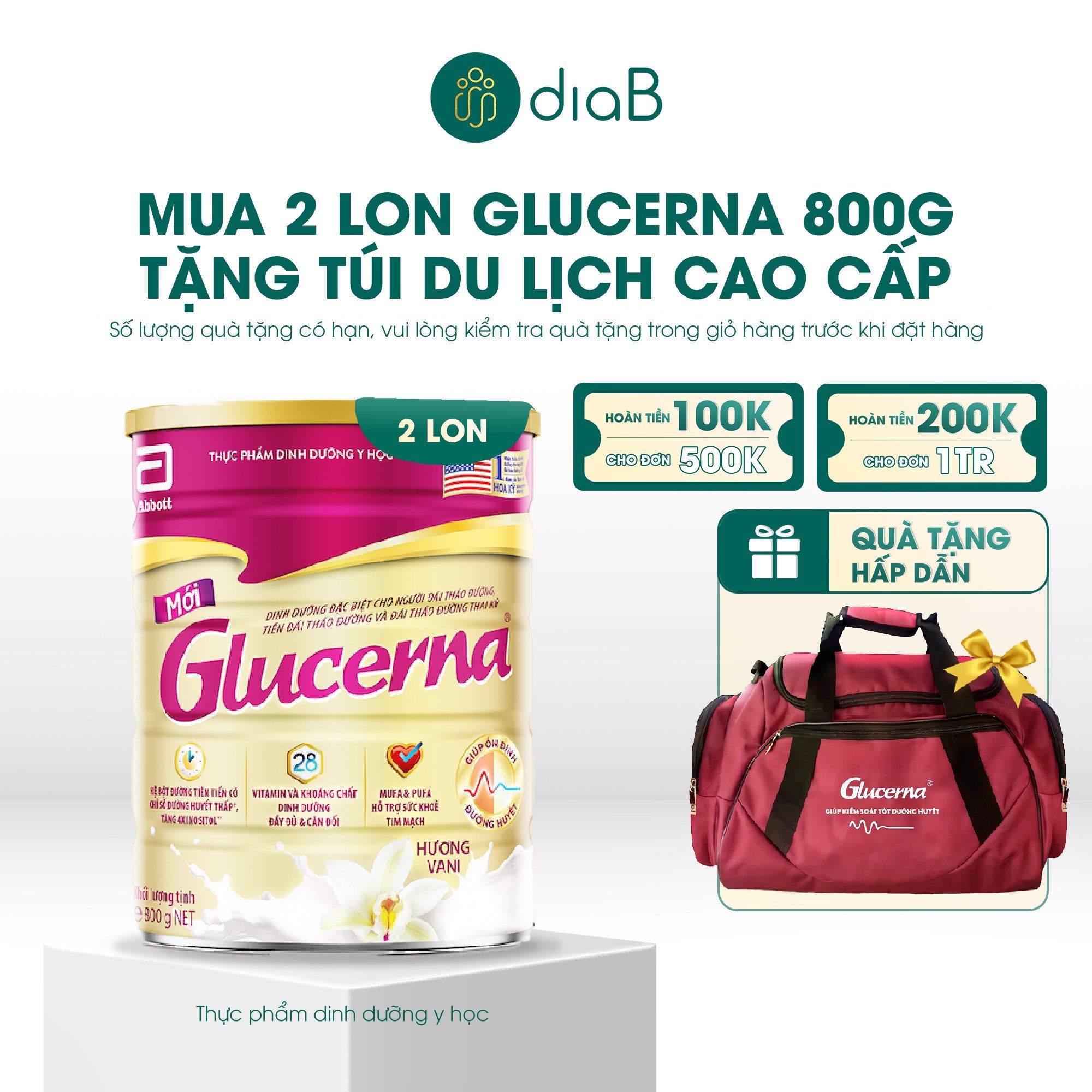  [Tặng túi du lịch] Combo 2 lon Glucerna dạng bột hương vani 800g 