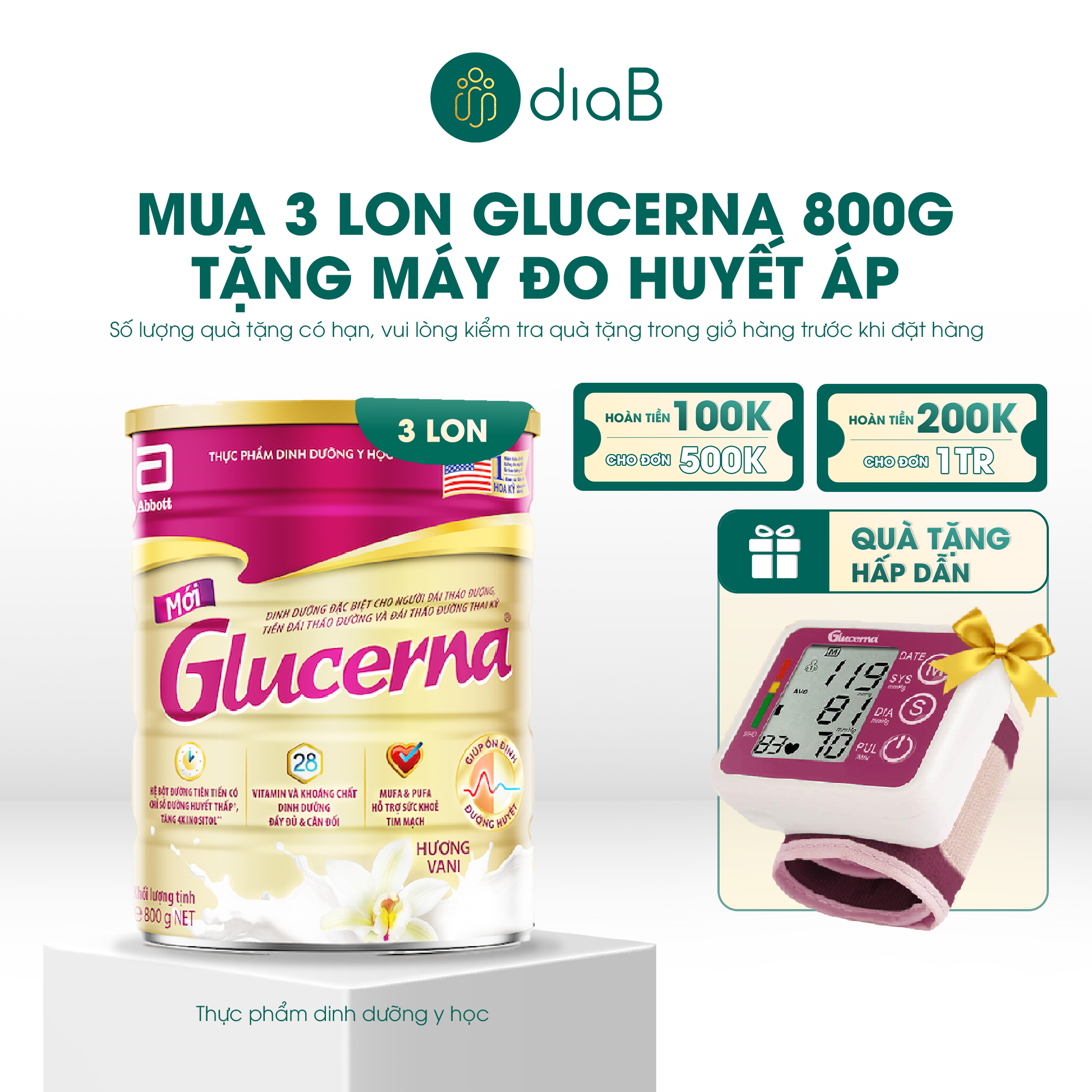  [Tặng máy đo huyết áp] Combo 3 lon Glucerna dạng bột hương vani 800g 
