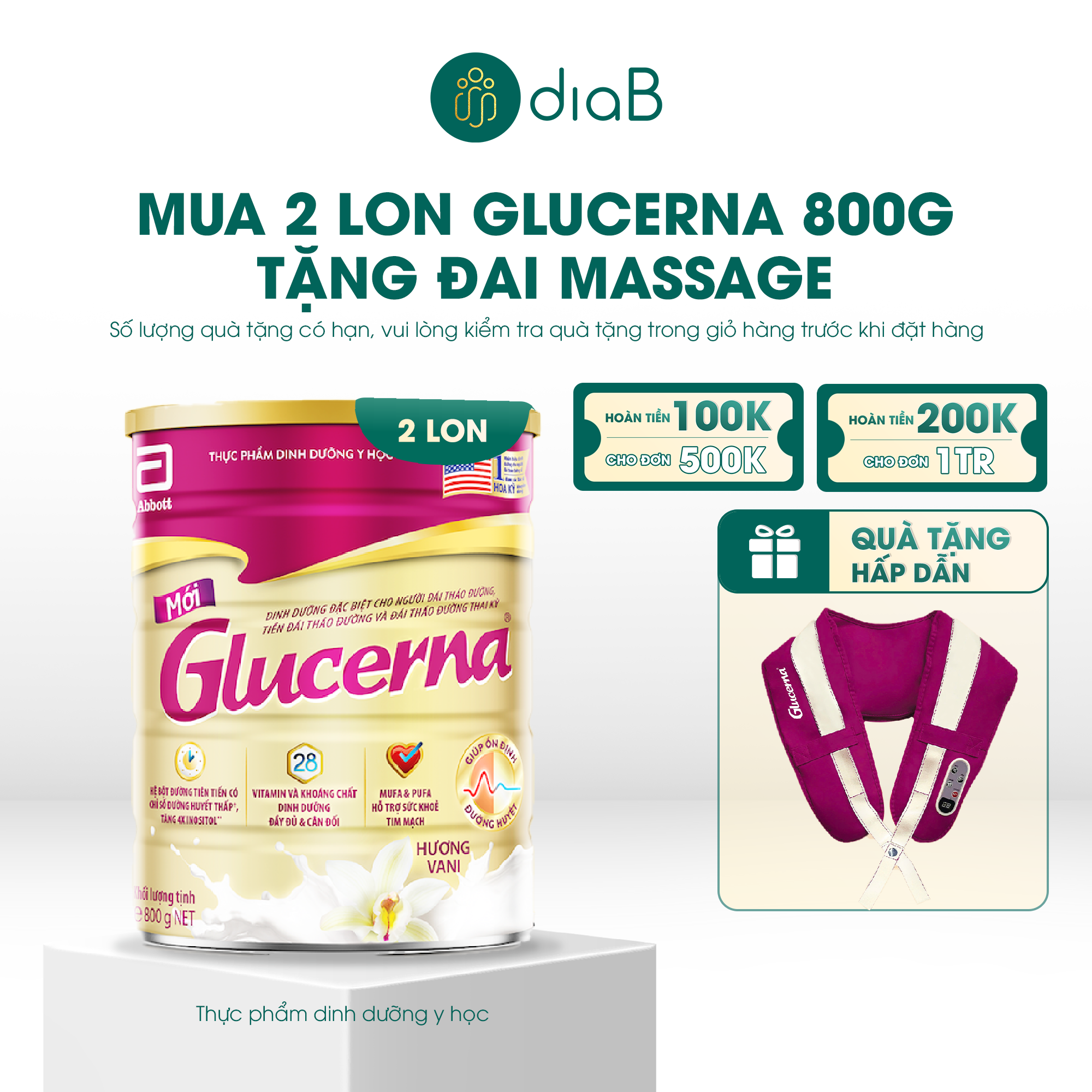  [Tặng đai massage] Combo 2 lon Glucerna dạng bột hương vani 800g 
