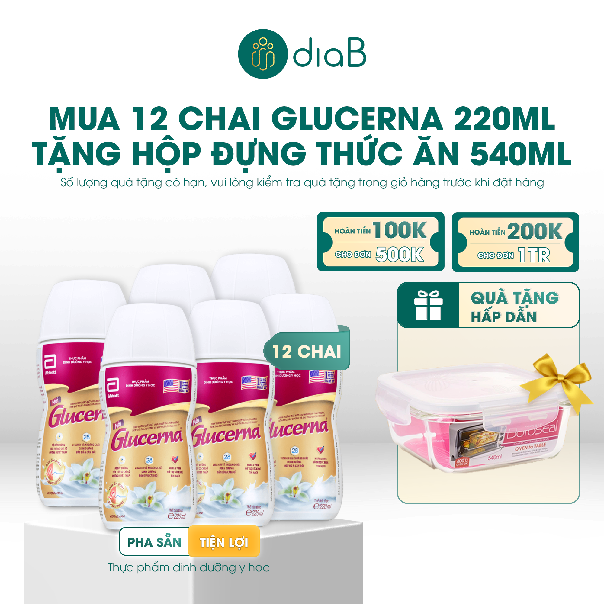  [Tặng hộp đựng thức ăn 540ml] Combo 2 lốc Glucerna dạng pha sẵn hương vani 220ml 