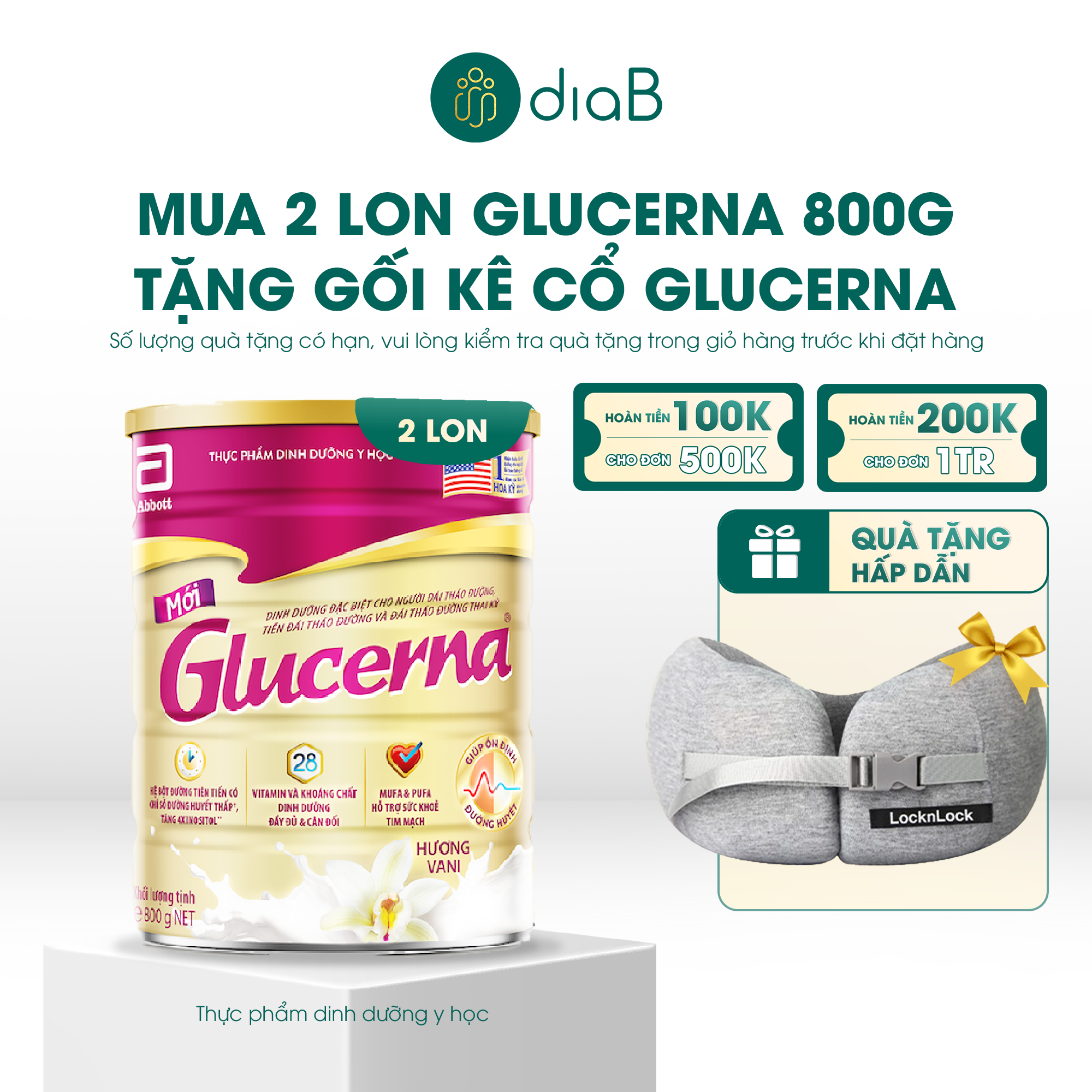  [Tặng gối kê cổ] Combo 2 lon Glucerna dạng bột hương vani 800g 