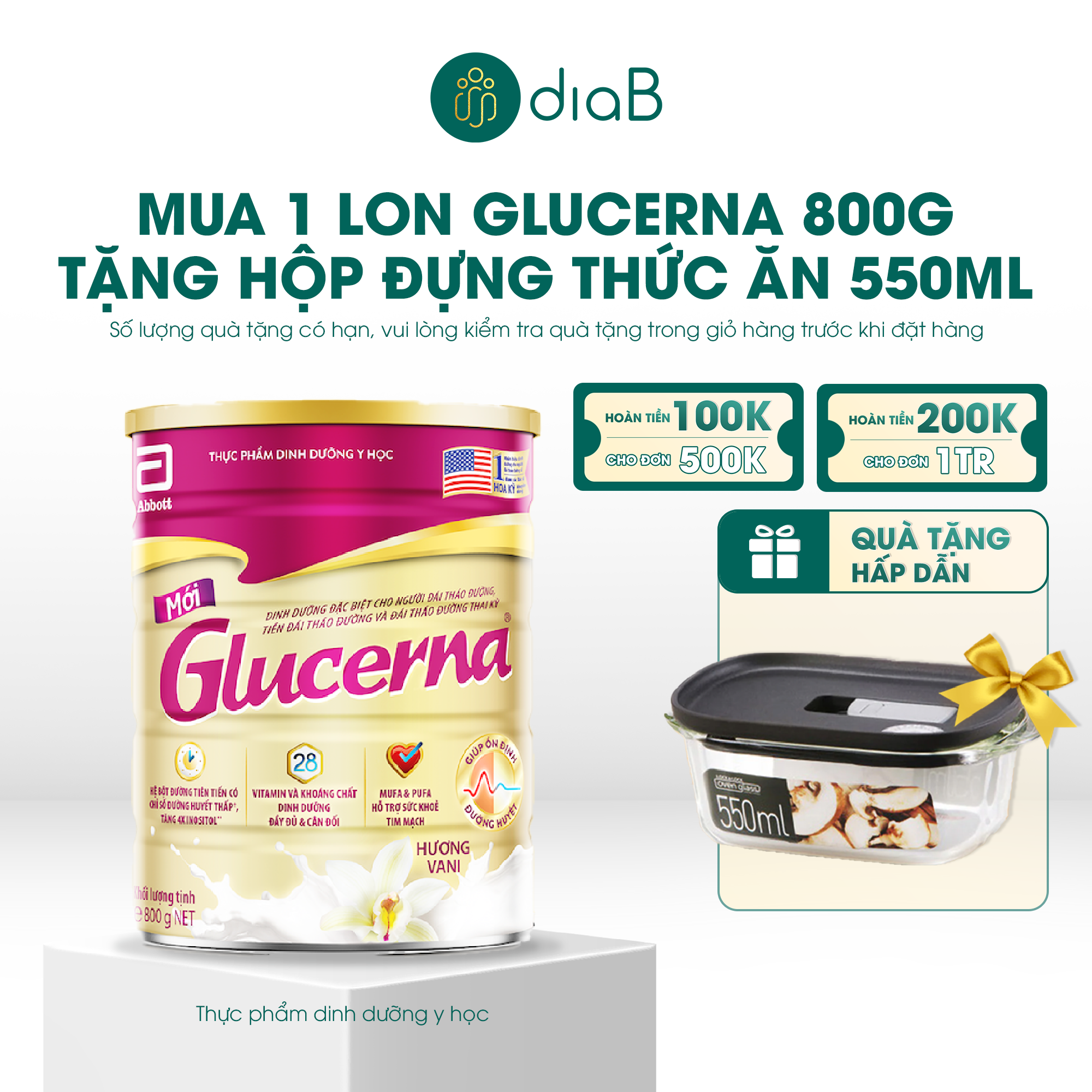  [Tặng hộp đựng thức ăn 550ml] Glucerna dạng bột hương vani 800g 