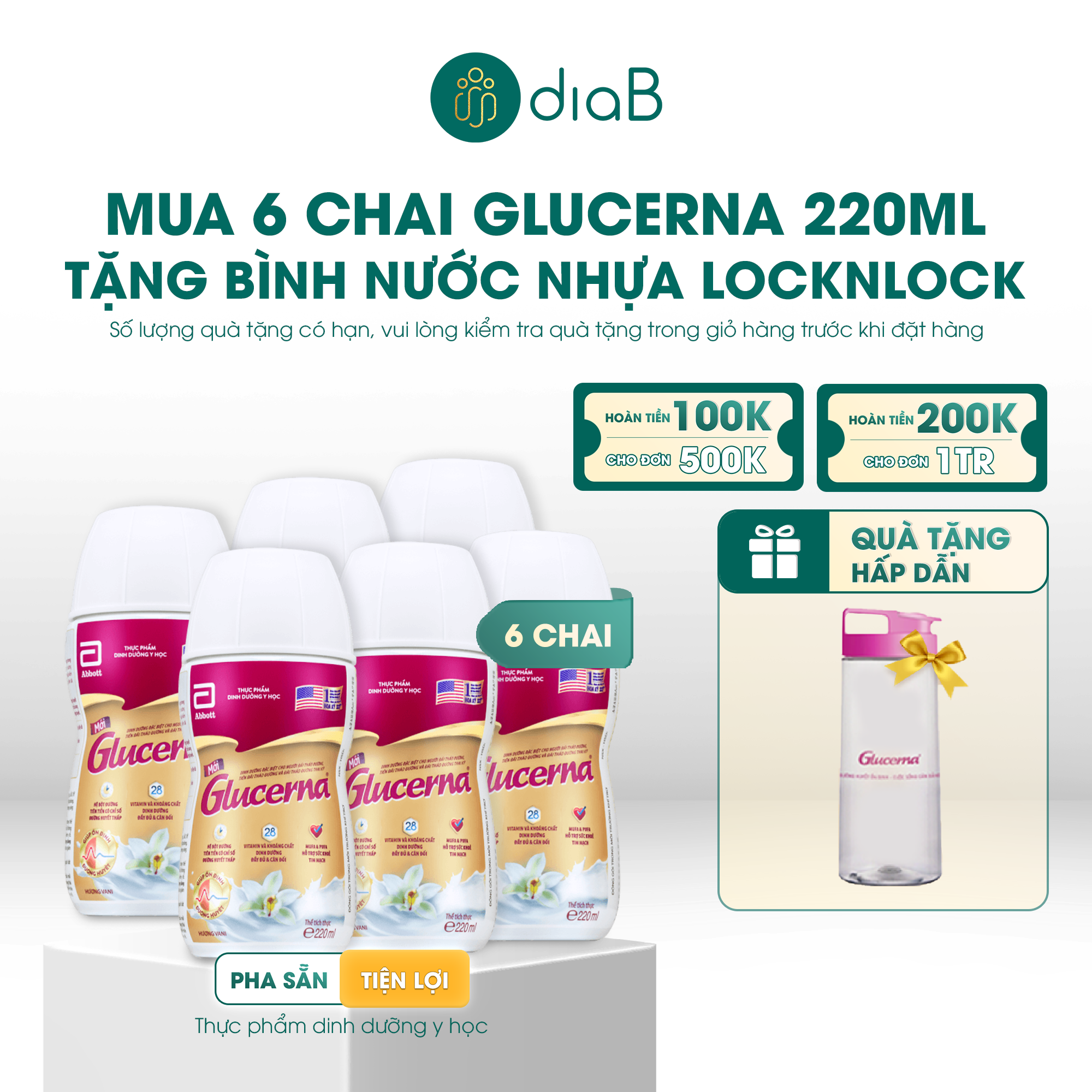  [Tặng bình nước] Lốc 6 chai Glucerna dạng pha sẵn hương vani 220ml 