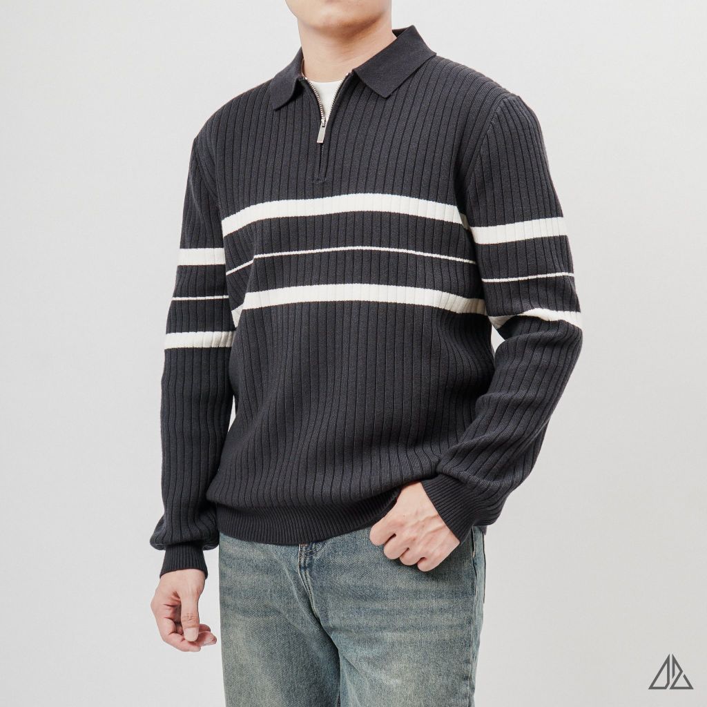 Áo Len Nam D2SHOP cổ zip phối kẻ sọc, vải len cao cấp AL-3327