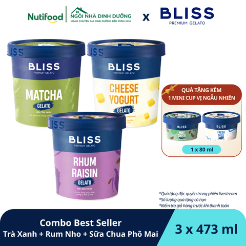  Combo Best Seller Kem Bliss Trà Xanh + Rum Nho + Sữa Chua Phô Mai (473ml x 3 hộp) - livestream 1504 