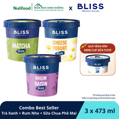  Combo Best Seller Kem Bliss Trà Xanh + Rum Nho + Sữa Chua Phô Mai (473ml x 3 hộp) - livestream 0204 