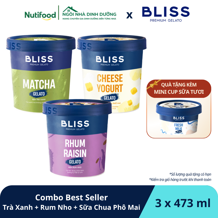  Combo Best Seller Kem Bliss Trà Xanh + Rum Nho + Sữa Chua Phô Mai (473ml x 3 hộp) - livestream 0204 