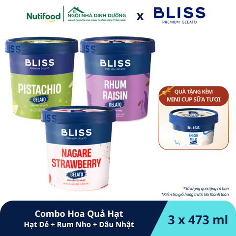  Combo Hoa Quả Hạt Kem Bliss Hạt Dẻ Cười Pistachio + Rum Nho + Dâu Nhật Nagare (473ml x 3 hộp) - livestream 0204 