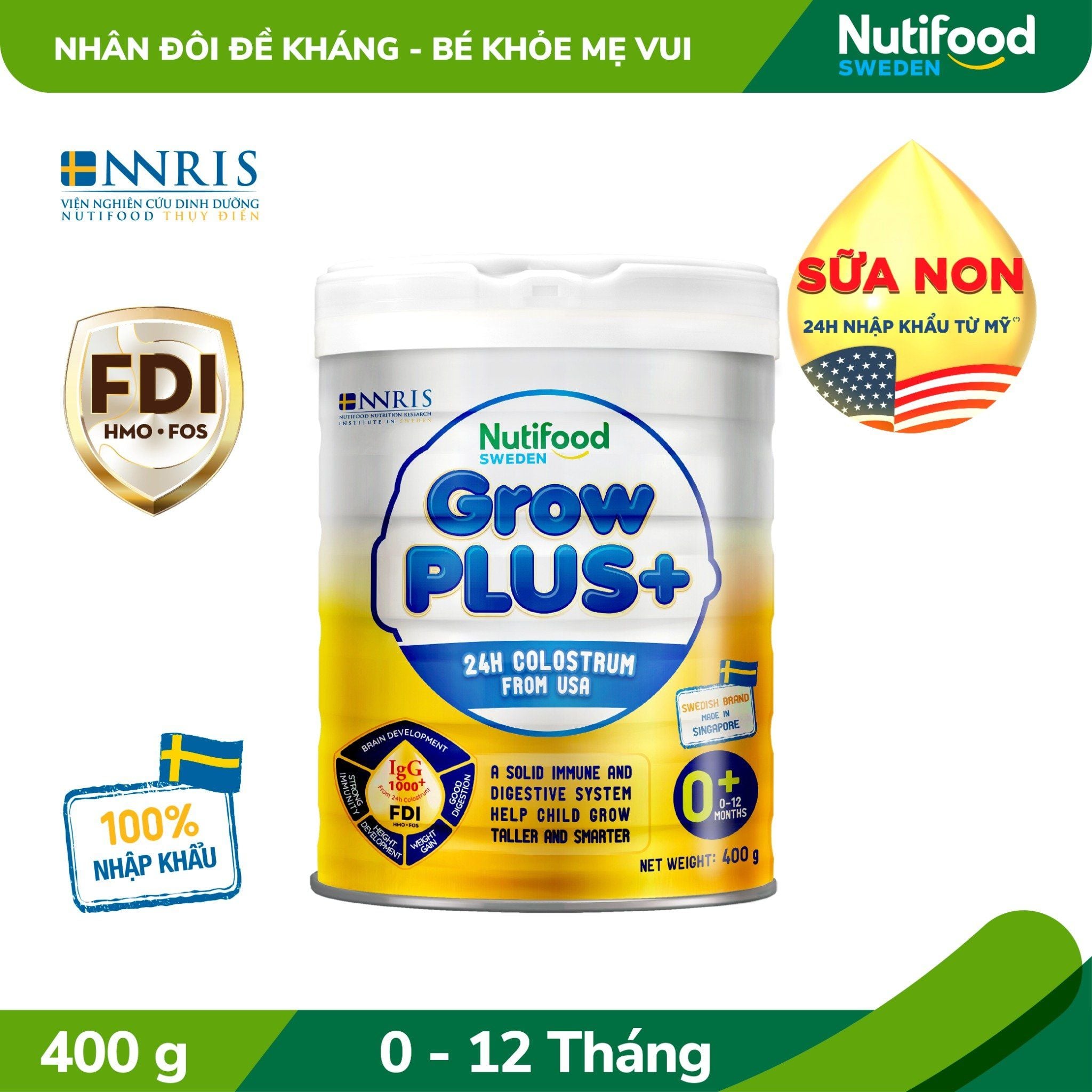  Sữa bột Nutifood GrowPLUS+ Sữa Non 0-12 tháng Lon 400g 