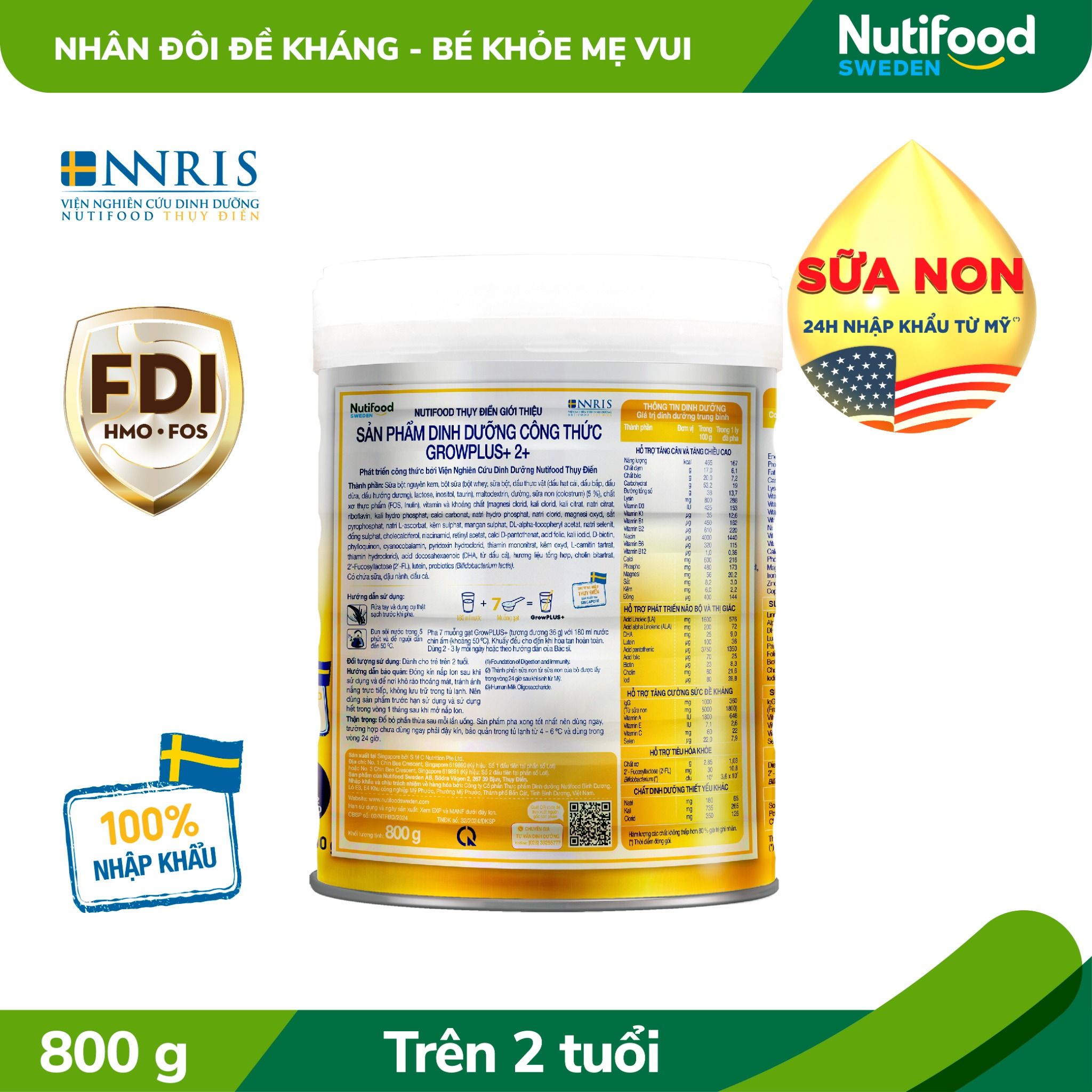  Sữa bột Nutifood GrowPLUS+ Sữa Non 2+ Lon 800g 