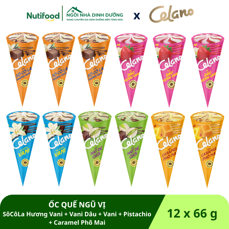  ỐC QUẾ NGŨ VỊ (12 que x 66 g) - KEM CELANO CONE SÔCÔLA HƯƠNG VANI + KEM CELANO CONE VANI DÂU 66G + KEM CELANO CONE VANI 66G + KEM CELANO CONE PISTACHIO 66G + KEM CELANO CONE CARAMEL PHOMAI 66G 