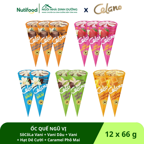  Combo Kem CELANO ỐC QUẾ NGŨ VỊ: Socola Vani, Vani Dâu, Vani, Pistachio, Caramel Phomai 