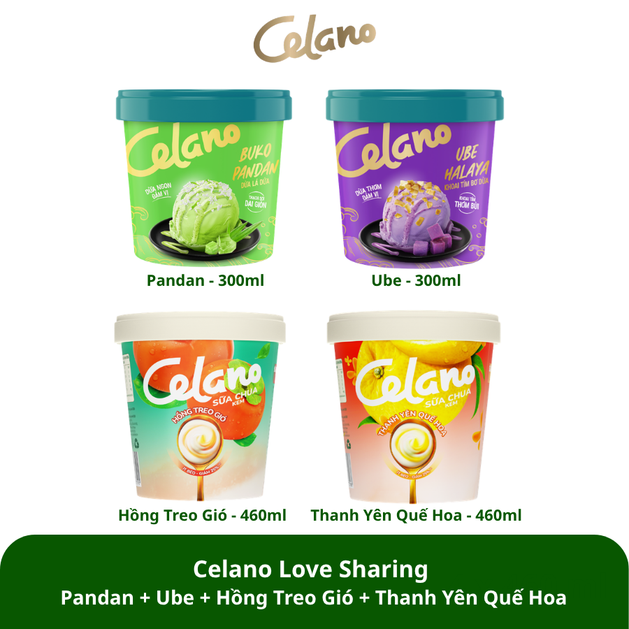  Combo 4 - Celano Love Sharing Kem Pandan + Ube + Hồng Treo Gió + Thanh Yên Quế Hoa (300ml x 2 Hộp) + (460ml x 2 Hộp) - Livestream 0204 