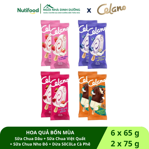  Combo kem que CELANO HOA QUẢ BỐN MÙA vị: Sữa chua dâu, Sữa chua việt quất, Sữa chua nho đỏ, Dừa Socola Cà Phê - LIVE 