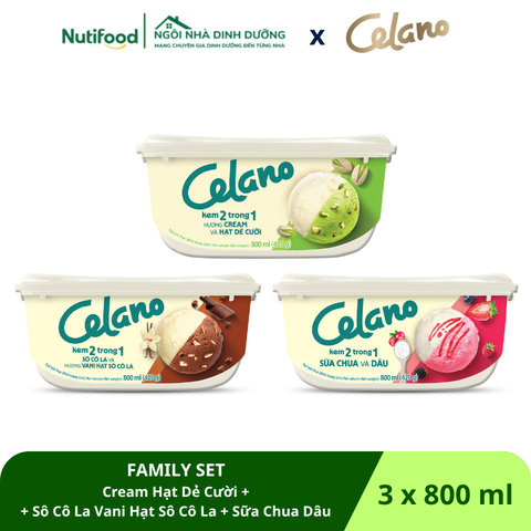  Combo kem CELANO 2in1 FAMILY SET 3 vị: Cream - Hạt dẻ cười, Sữa chua - Dâu, Socola - Vani hạt socola - LIVE 