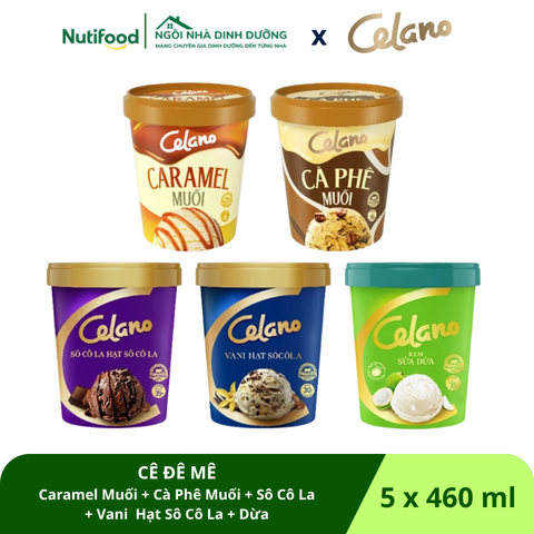  Combo kem hộp giấy CELANO CÊ ĐÊ MÊ 5 vị: Caramel muối, Cà phê muối, Socola, Vani hạt socola, Dừa 