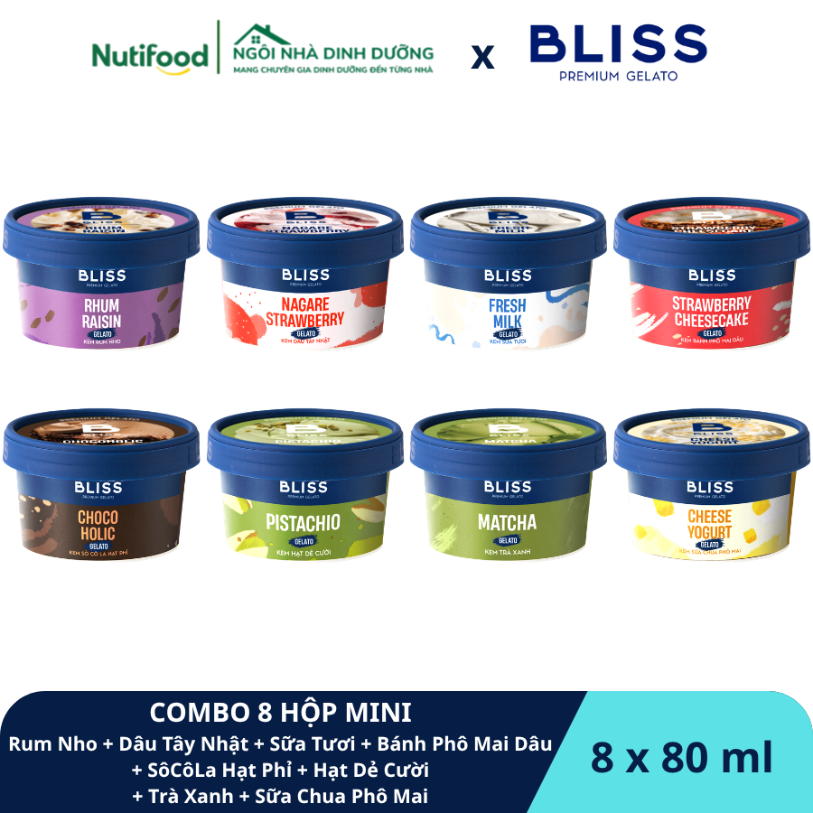  COMBO 8 HỘP MINI (8 hộp x 80ml) - Kem Rum Nho  + Dâu Tây Nhật + Sữa Tươi + Bánh Phô Mai Dâu + Sô Cô La Hạt Phỉ + Hạt Dẻ Cười + Trà Xanh + Sữa Chua Phô Mai 