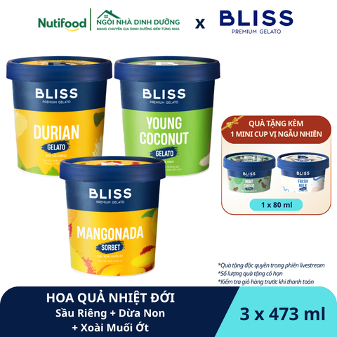  HOA QUẢ NHIỆT ĐỚI (3 hộp x 473ml) - Kem Sầu Riêng (Durian Gelato) + Dừa Non (Young Coconut Gelato) + Xoài Muối Ớt Sorbet (Mangonada Sorbet) 