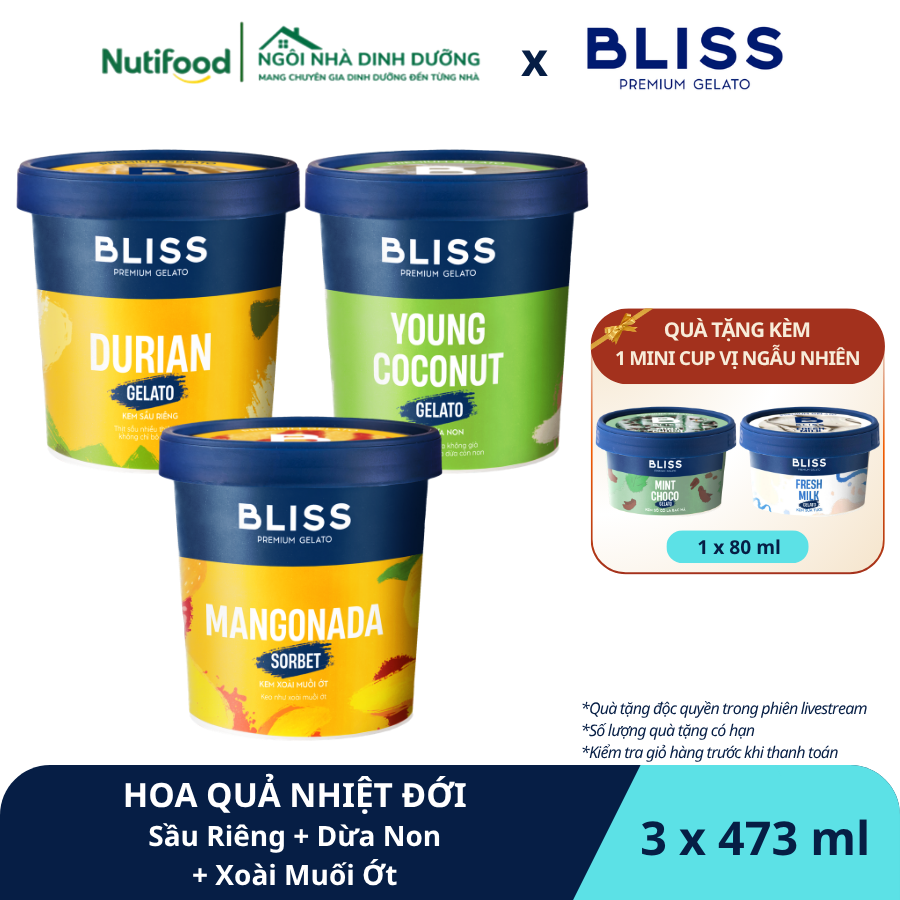  HOA QUẢ NHIỆT ĐỚI (3 hộp x 473ml) - Kem Sầu Riêng (Durian Gelato) + Dừa Non (Young Coconut Gelato) + Xoài Muối Ớt Sorbet (Mangonada Sorbet) 