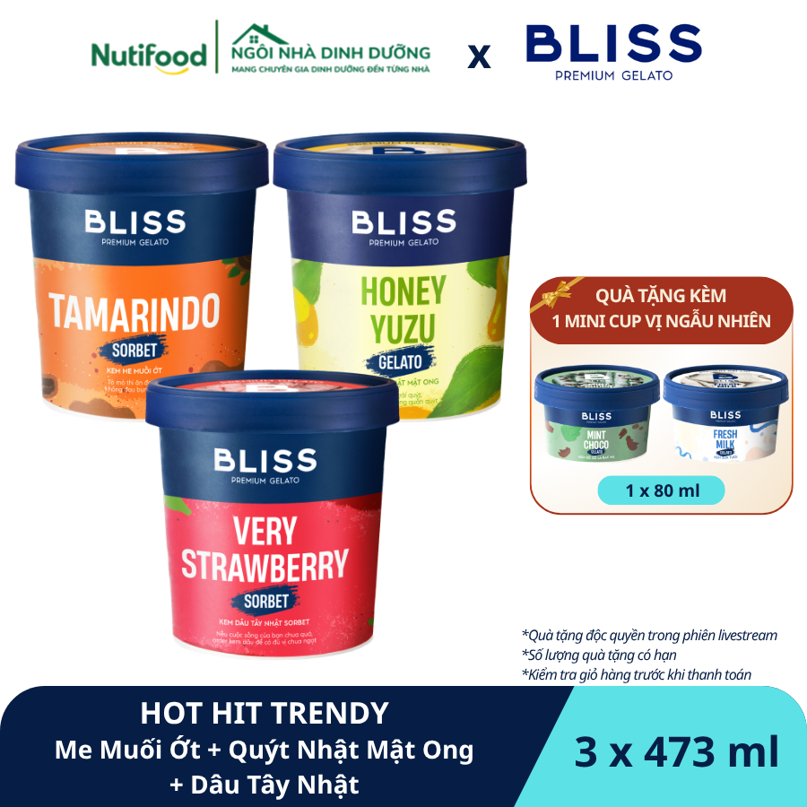  HOT HIT TRENDY (3 hộp x 473ml) - Kem Me Muối Ớt Sorbet (Tamarindo Sorbet) + Quýt Nhật Mật Ong Sherbet (Honey Yuzu Sherbet) + Dâu Tây Nhật Sorbet (Very Strawberry Sorbet) 