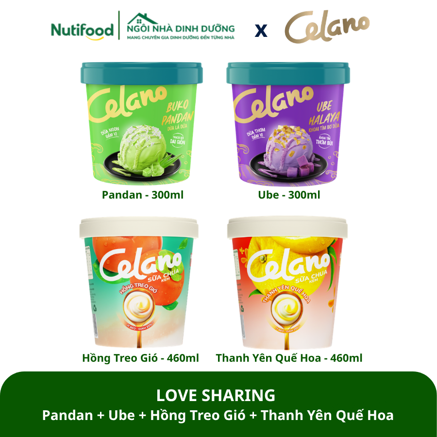  LOVE SHARING (2 hộp x 460ml + 2 hộp x 300ml) - KEM CEL DỪA LÁ DỨA BUKO PANDAN 300ML + KEM CEL KHOAITÍM BƠ DỪA UBEHALAYA300ML + SCHUA KEM CEL HỒNG TREO GIÓ 460ML + SCHUA KEM CEL THANH YÊN HOA QUẾ 460ML 