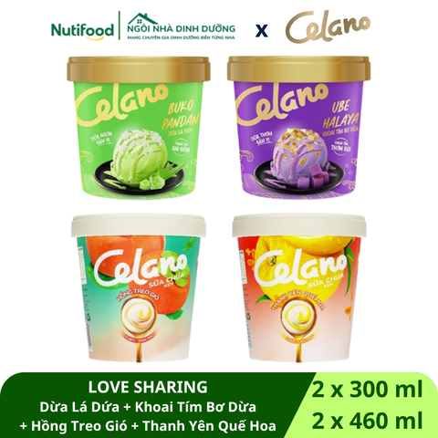  Combo Kem CELANO LOVE SHARING 4 vị: Dừa Lá Dứa, Khoai tím bơ dừa, Sữa chua Hồng treo gió, Sữa chua Thanh yên hoa quế 