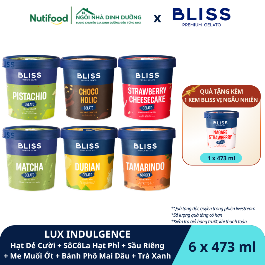  LUX INDULGENCE (6 hộp x 473ml) - Kem Hạt Dẻ Cười (Pistachio Gelato) + Sô Cô La Hạt Phỉ (Chocoholic Gelato) + Sầu Riêng (Durian Gelato) + Me Muối Ớt Sorbet (Tamarindo Sorbet) + Bánh Phô Mai Dâu (Strawberry Cheesecake Gelato) + Trà Xanh (Matcha Gelato) 