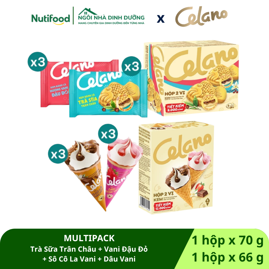  Combo kem bánh cá ốc quế CELANO MULTIPACK 4 vị: Trà sữa trân châu, Vani đậu đỏ, Socola vani, Dâu vani 