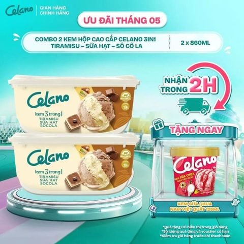  Combo 2 Kem Hộp Cao Cấp Celano 3in1 Tiramisu – Sữa Hạt – Sô cô la (860ml) - LIVE 
