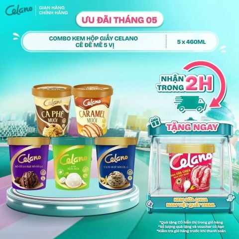  Combo kem hộp giấy CELANO CÊ ĐÊ MÊ 5 vị: Caramel muối, Cà phê muối, Socola, Vani hạt socola, Dừa 