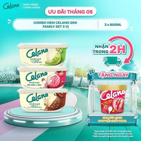  Combo kem CELANO 2in1 FAMILY SET 3 vị: Cream - Hạt dẻ cười, Sữa chua - Dâu, Socola - Vani hạt socola 