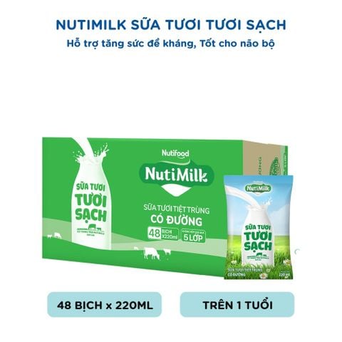  Nutimilk Sữa Tươi Tươi Sạch Có Đường Bịch 220ml 