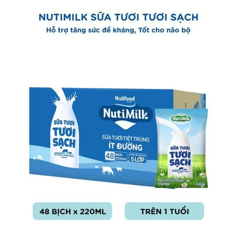  Nutimilk Sữa Tươi Tươi Sạch Ít Đường Bịch 220ml 