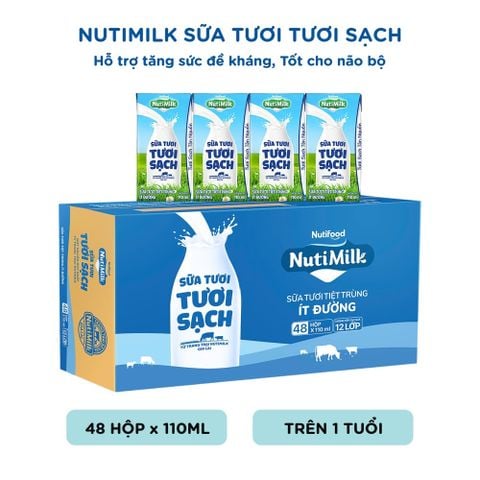  NutiMilk Sữa Tươi Tươi Sạch Ít Đường Hộp 110ml 