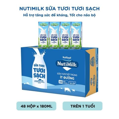  NutiMilk Sữa Tươi Tươi Sạch Ít Đường Hộp 180ml 