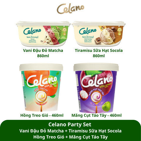  Combo 4 - Celano Party Set Kem Tiramisu Sữa Hạt Socola + Vani Đậu Đỏ Matcha + Măng Cụt Táo Tây + Hồng Treo Gió (860ml x 2 Hộp) + (460ml x 2 Hộp) - Livestream 0204 