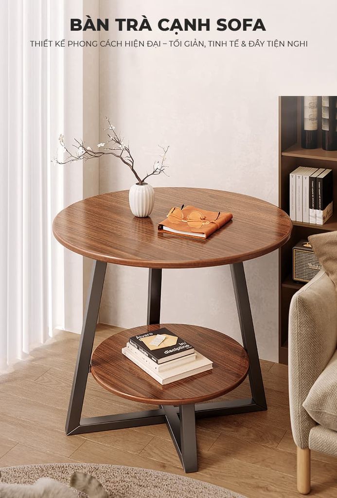 Bàn trà tròn 2 tầng đen óc chó GM206