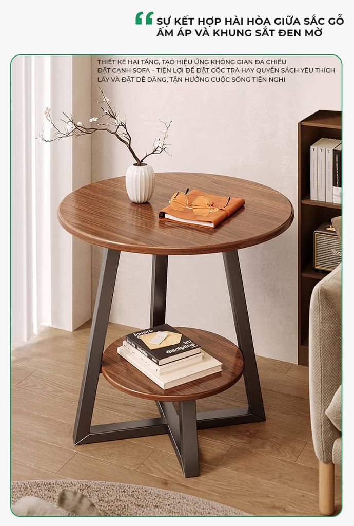 Bàn trà tròn 2 tầng đen óc chó GM206