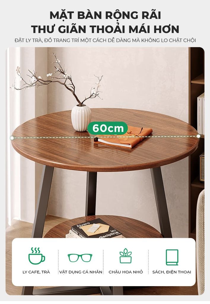 Bàn trà tròn 2 tầng đen óc chó GM206