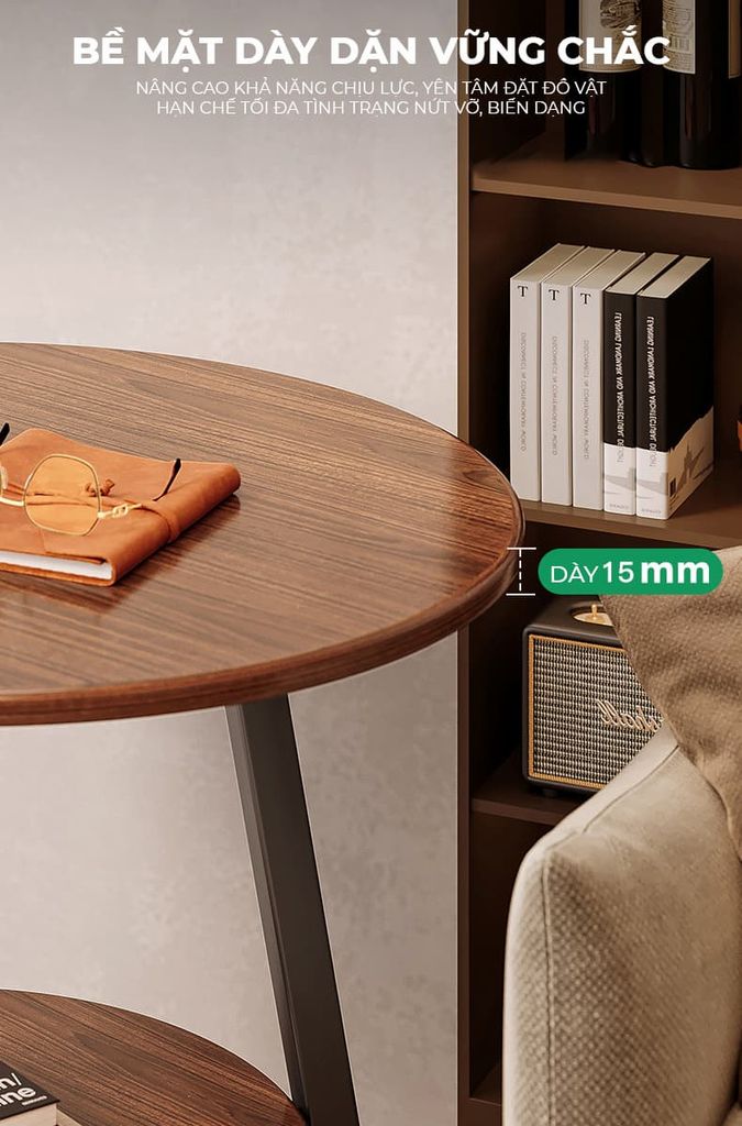 Bàn trà tròn 2 tầng đen óc chó GM206