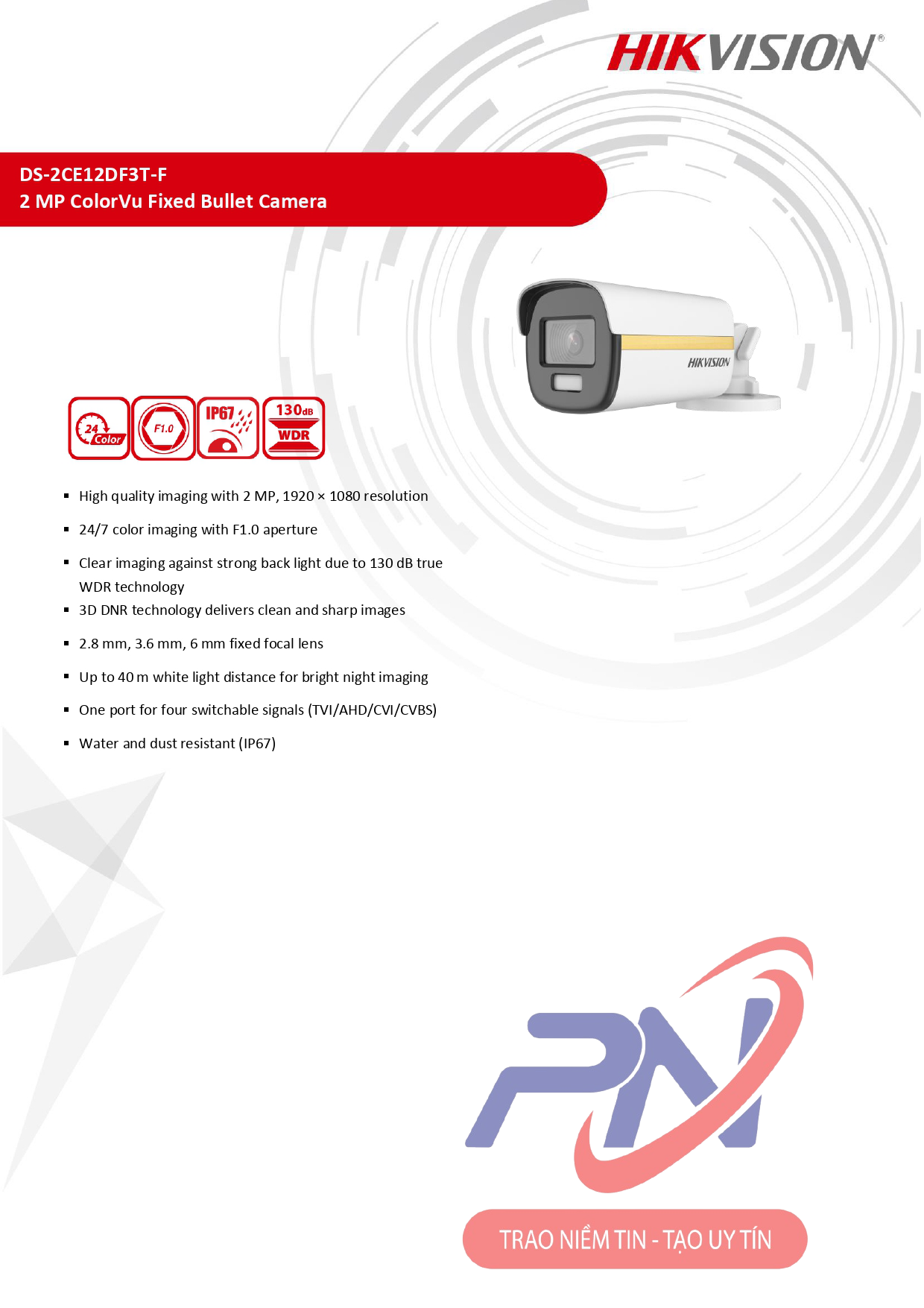  Camera hình trụ có màu ban đêm 2MP Hikvision DS-2CE12DF3T-FS 