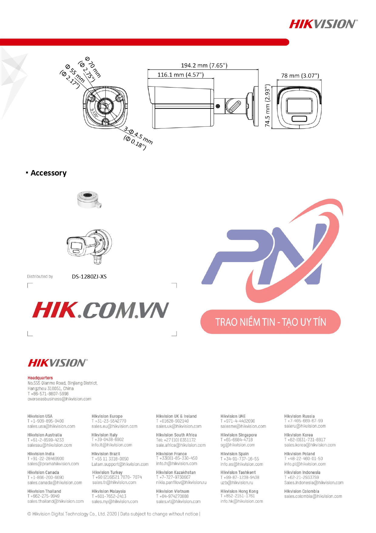  Camera hình trụ có màu ban đêm 2MP Hikvision DS-2CE12DF3T-FS 