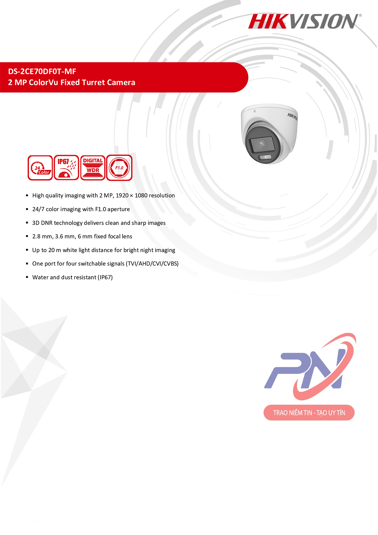  Camera bán cầu có màu ban đêm 2MP Hikvision DS-2CE70DF0T-MF 